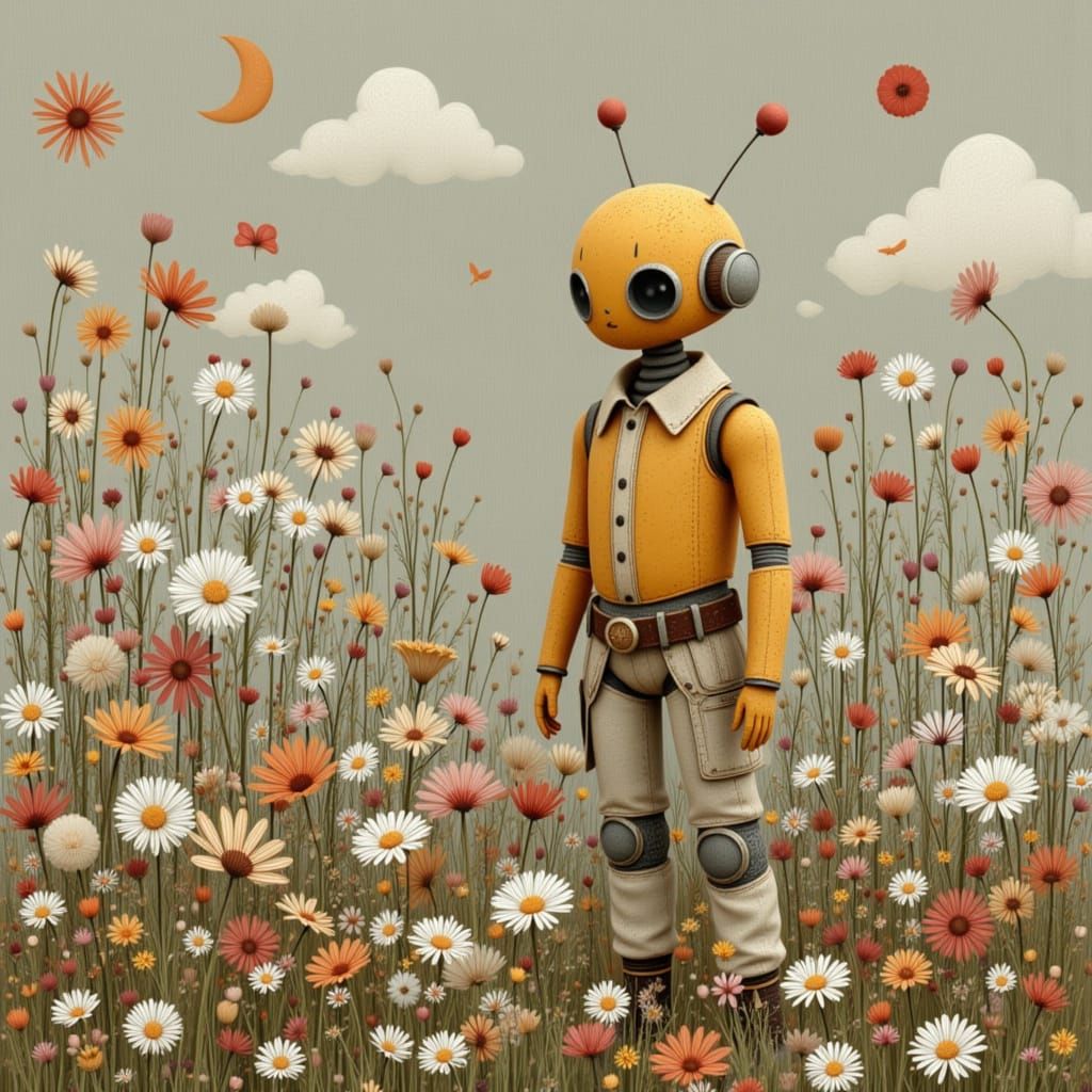 Cute Robots Play in a Floral Garden