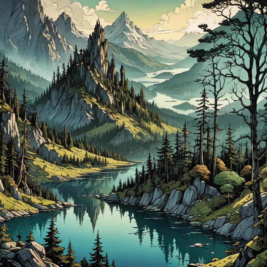 Surreal Mountaintop View in Retro Fantasy Style