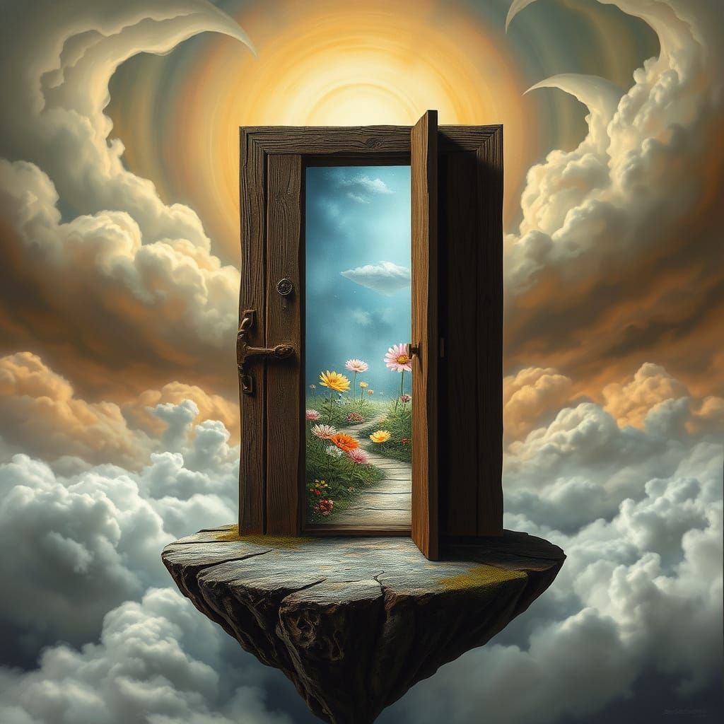 Ethereal Garden Beyond a Floating Door, Surreal Art