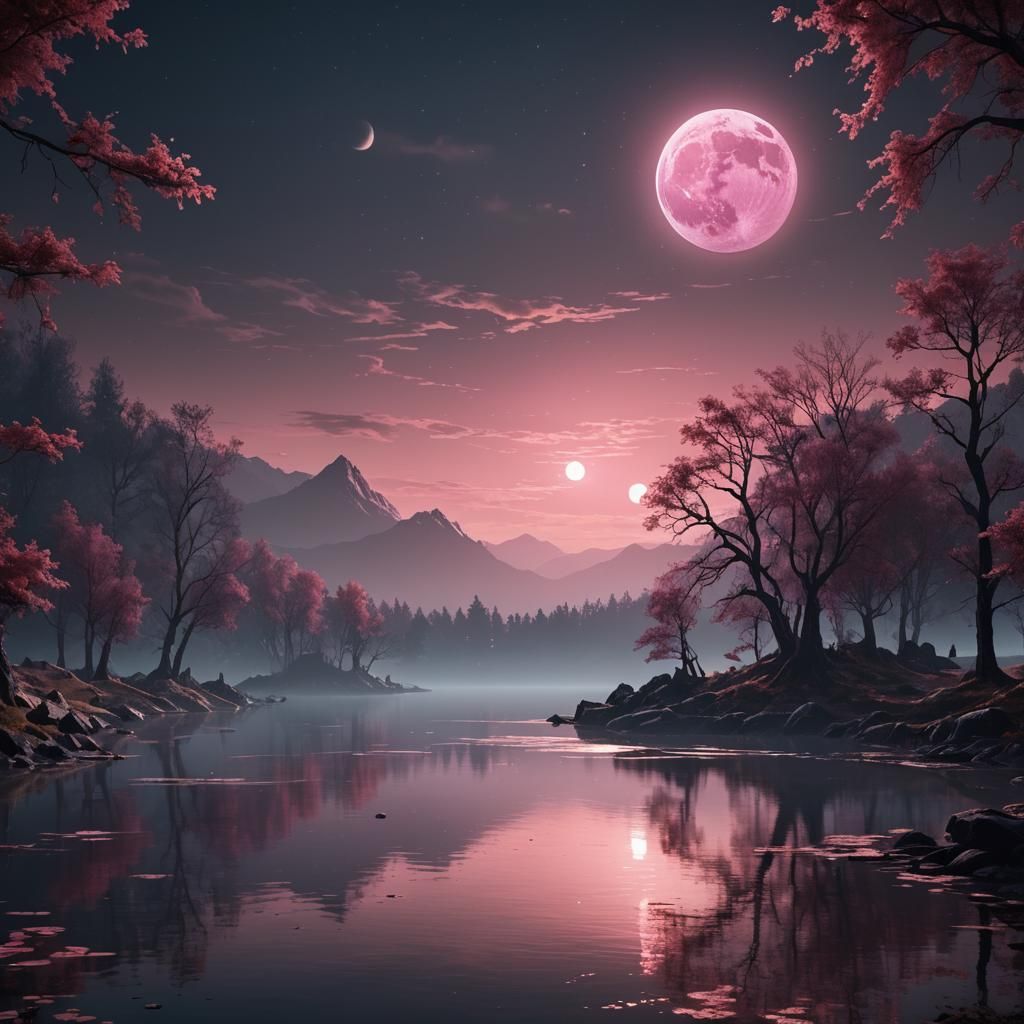 Pink Moon Over Misty Lake: Fantasy Concept Art