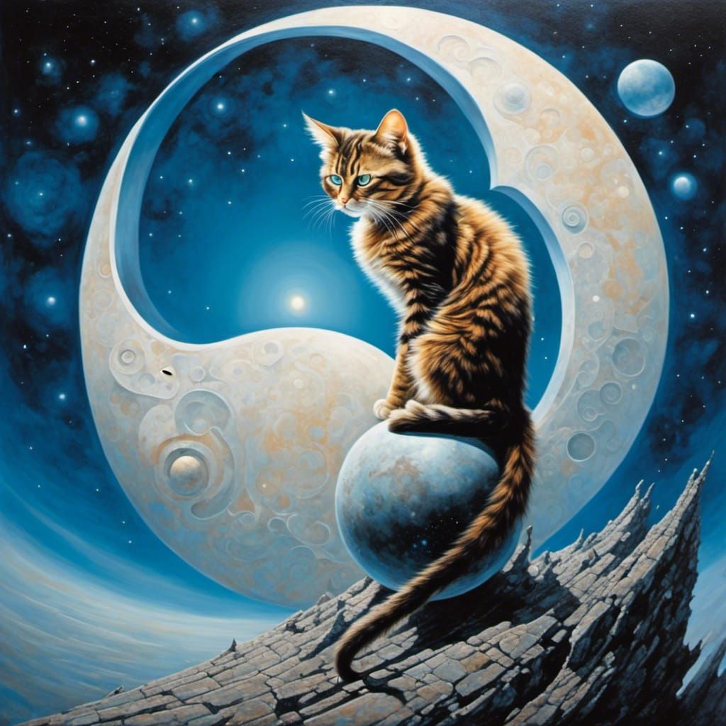Cat on the Moon in Whimsical Style
