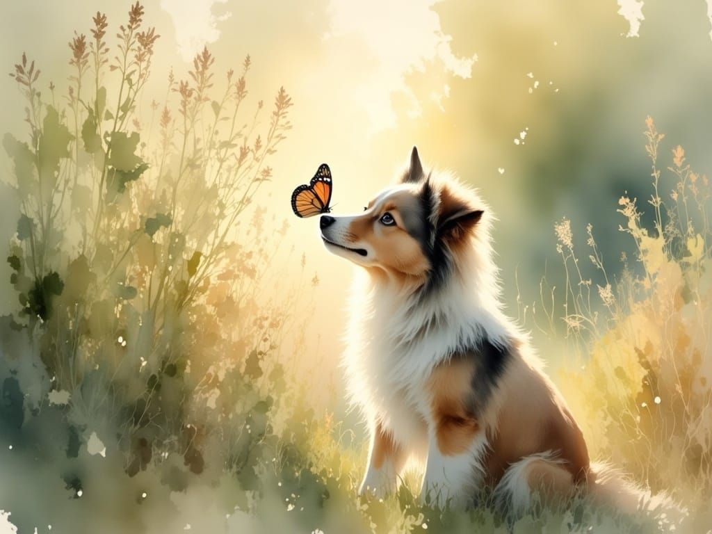 Collie Puppy and Monarch Butterfly in Whimsical Watercolor S...