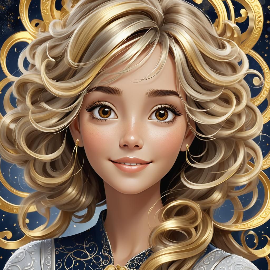 Happy Woman Portrait with Gold and Silver Filigree