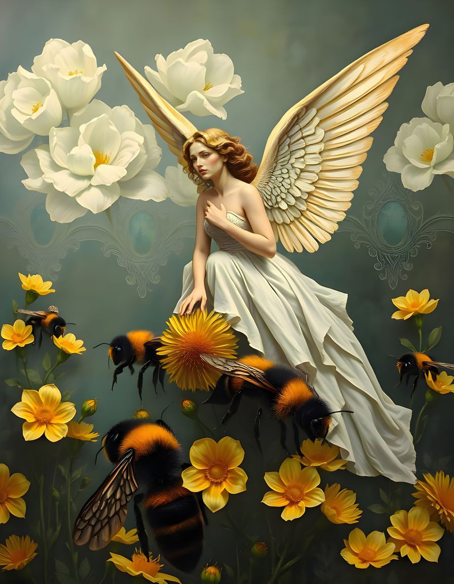 A Female Angel Sits on a Beehive in a Cyberpunk Aesthetic