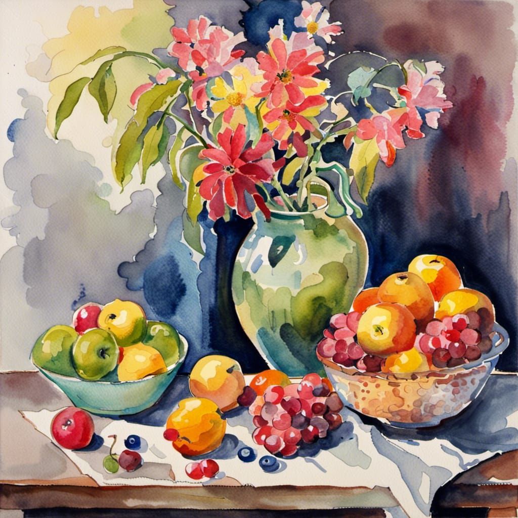 Vivid Watercolor Still Life with Flowers and Fruit