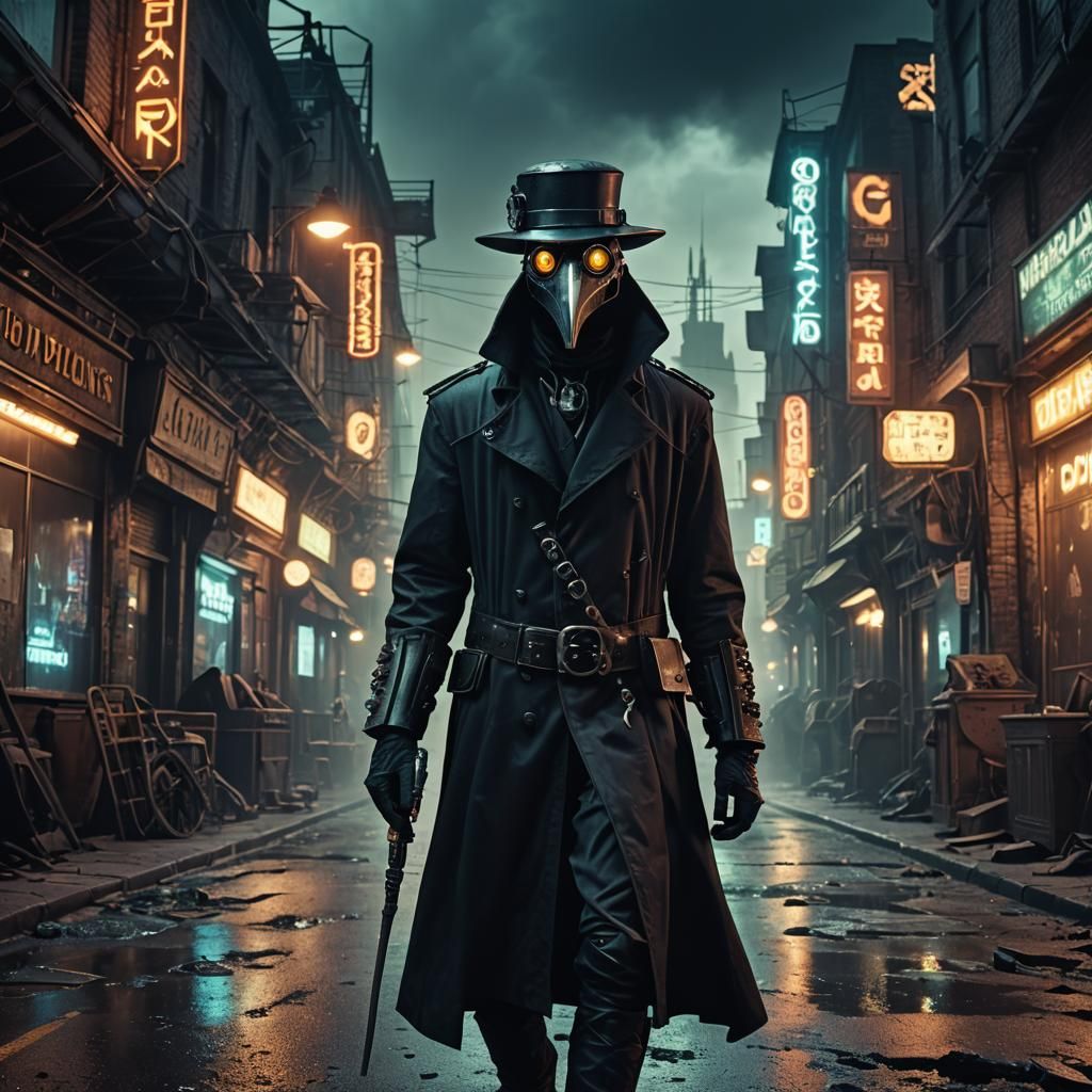 Steampunk Plague Doctor in Dystopian Sci-Fi City