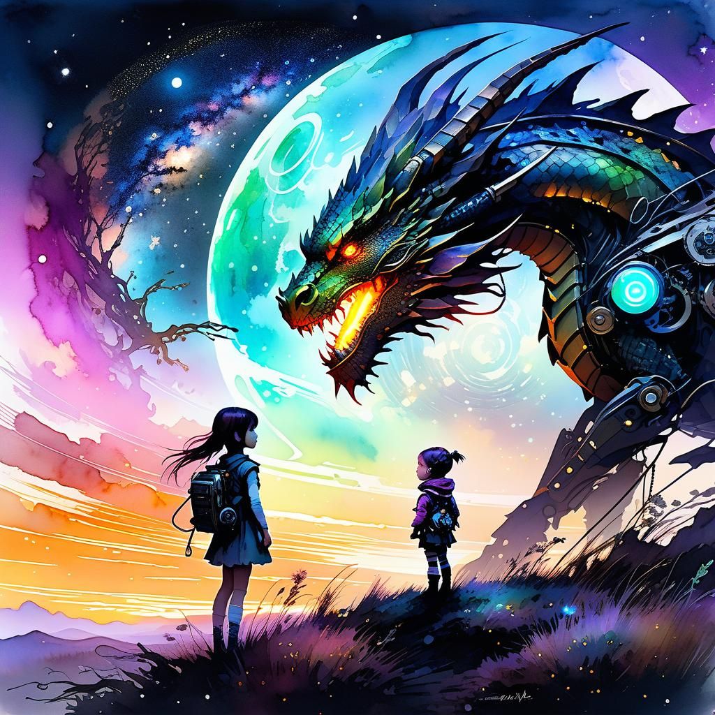 Girl with Cyborg Dragon Pet in Digital Watercolor