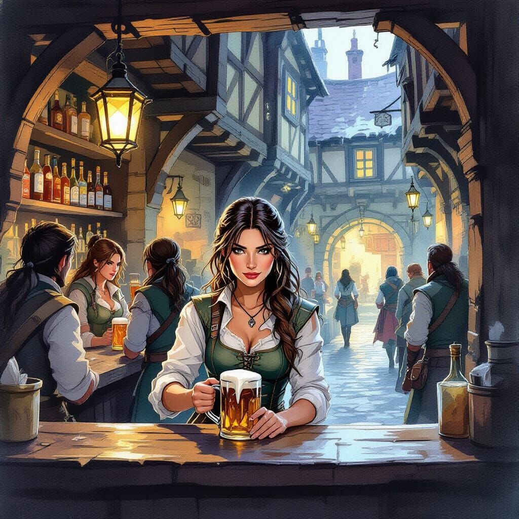 Bartender Polishing Mug in Dim Tavern with Adventurers, Wate...