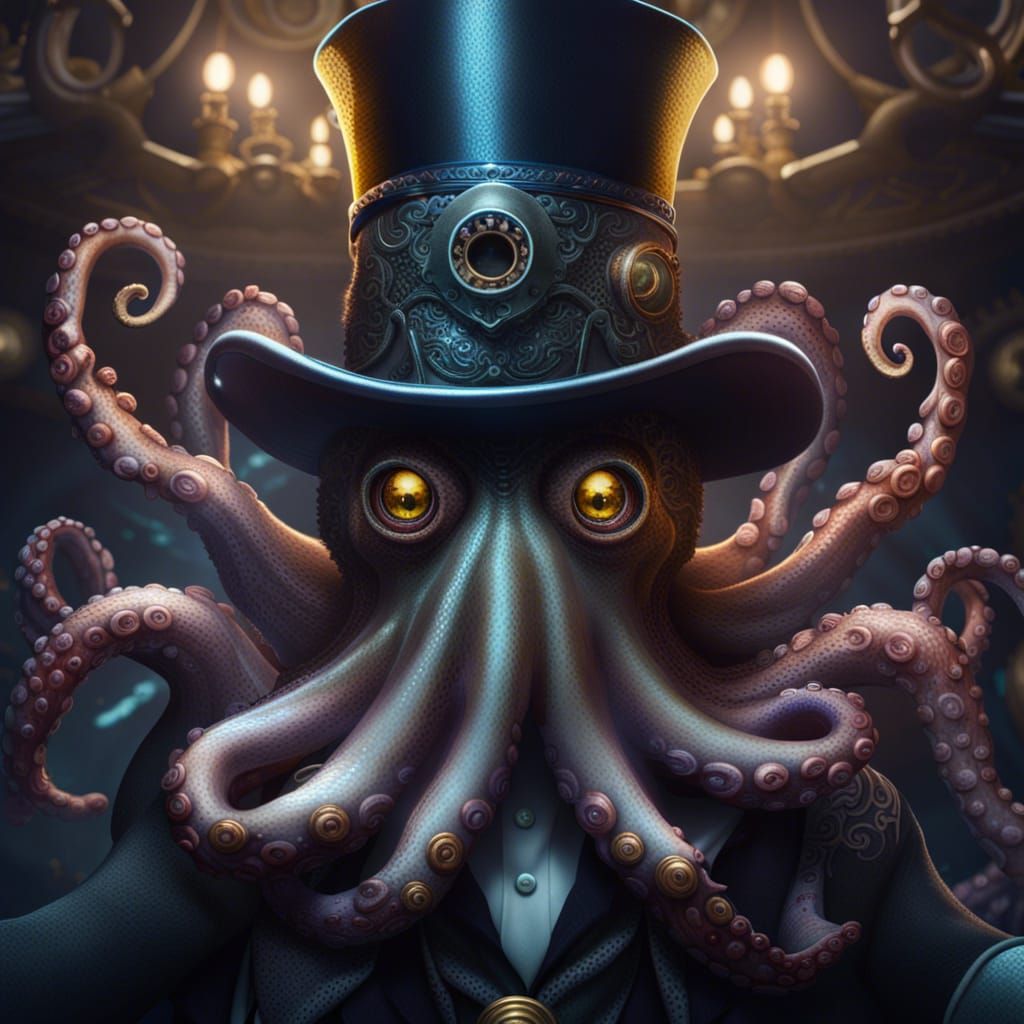 Hypnotic Octopus with Top Hat: Dark Fantasy Art