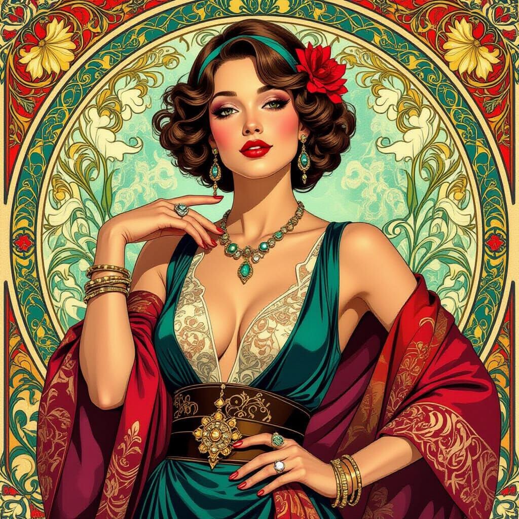 Stylish Woman Posing in Art Nouveau Digital Painting