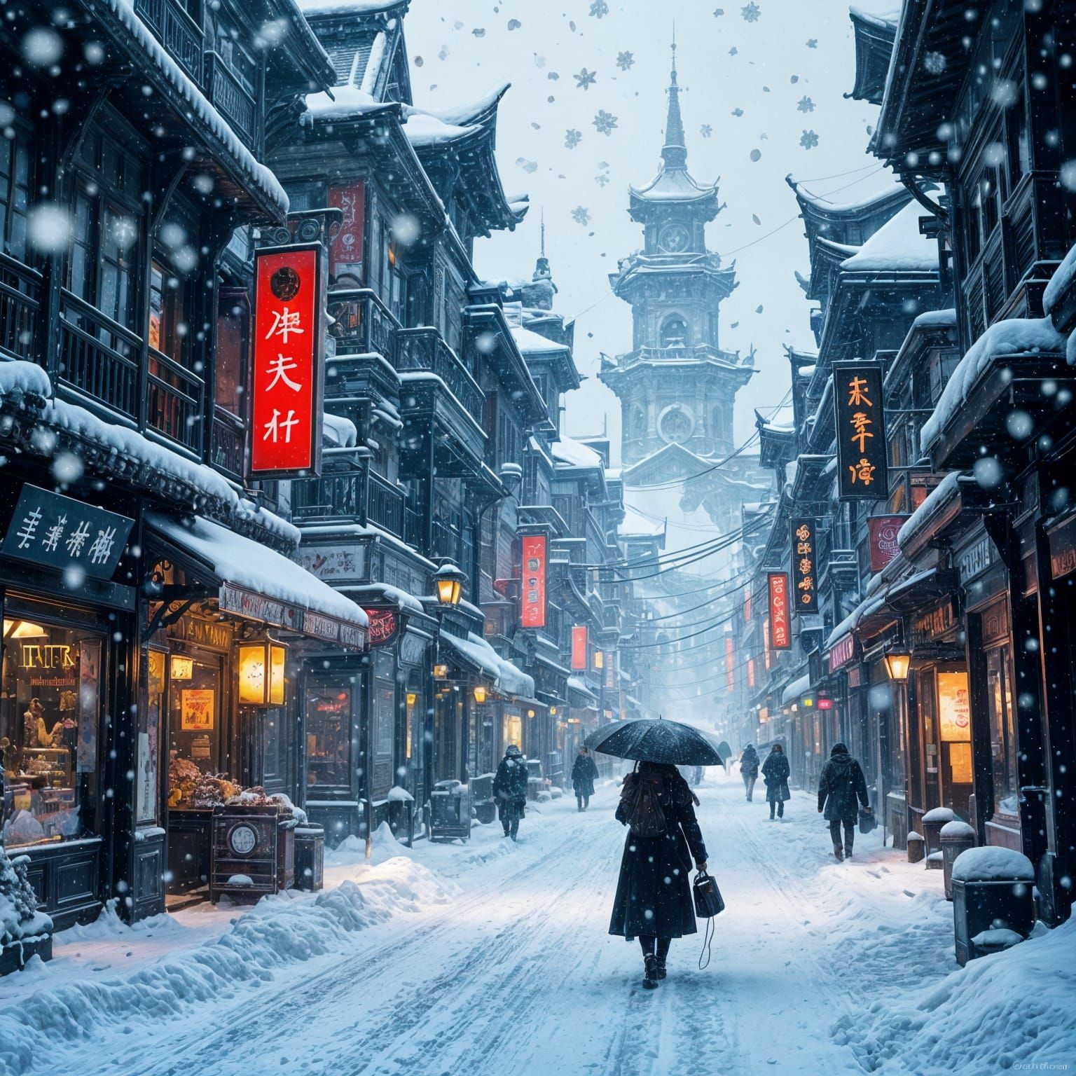 Epic Cinematic Winter City Snowfall Matte Painting