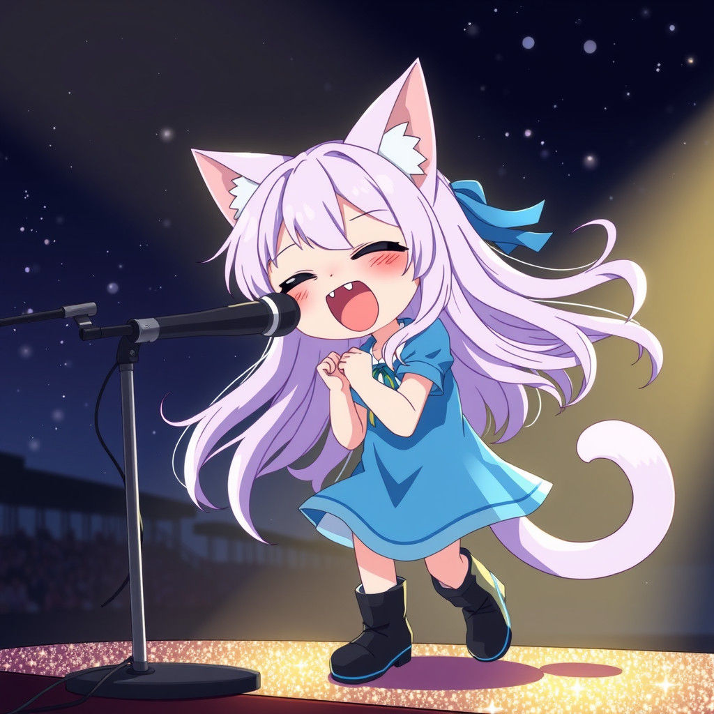 Anime Catgirl Singing on Sparkling Concert Stage