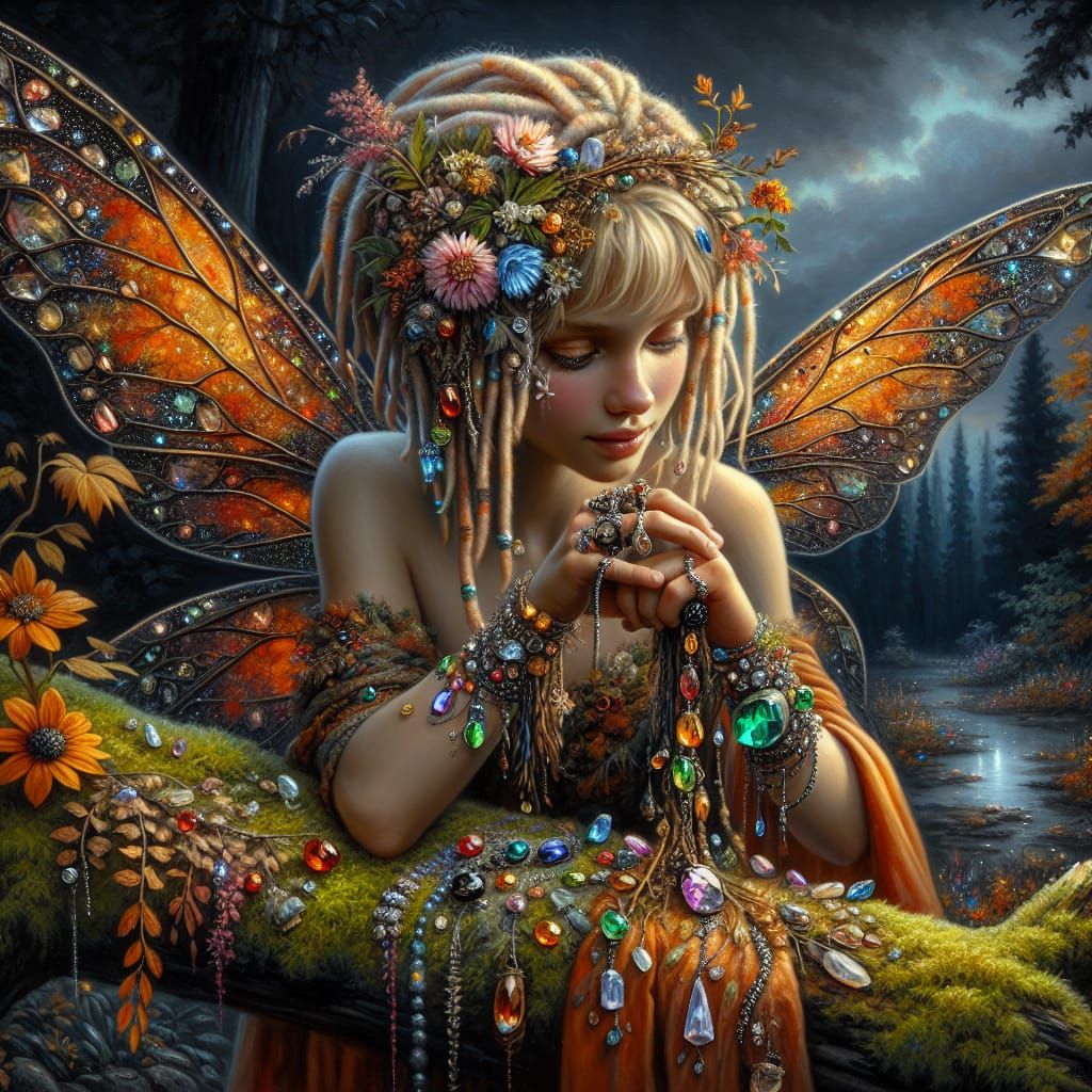 Gemstone Fairy in Moonlit Forest: Oil Painting