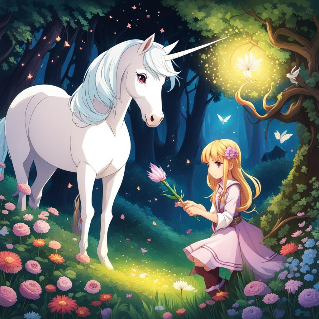 Magical Quest: Anime-Style Enchanted Valley and Unicorn