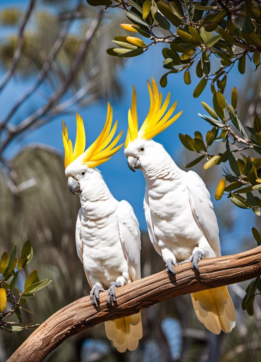 A pair of Cockatoos sitting on a branch