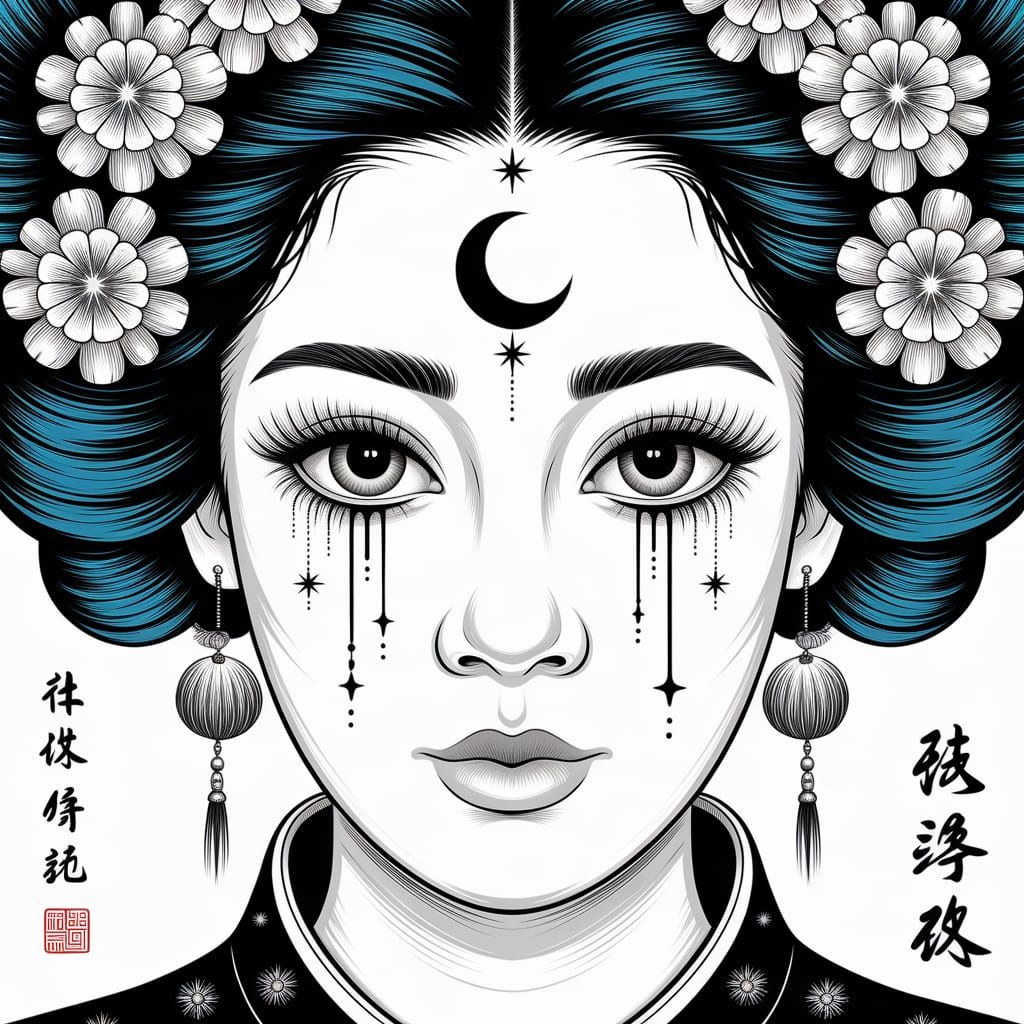 Chinese Ink Portrait of Woman with Celestial Eyes