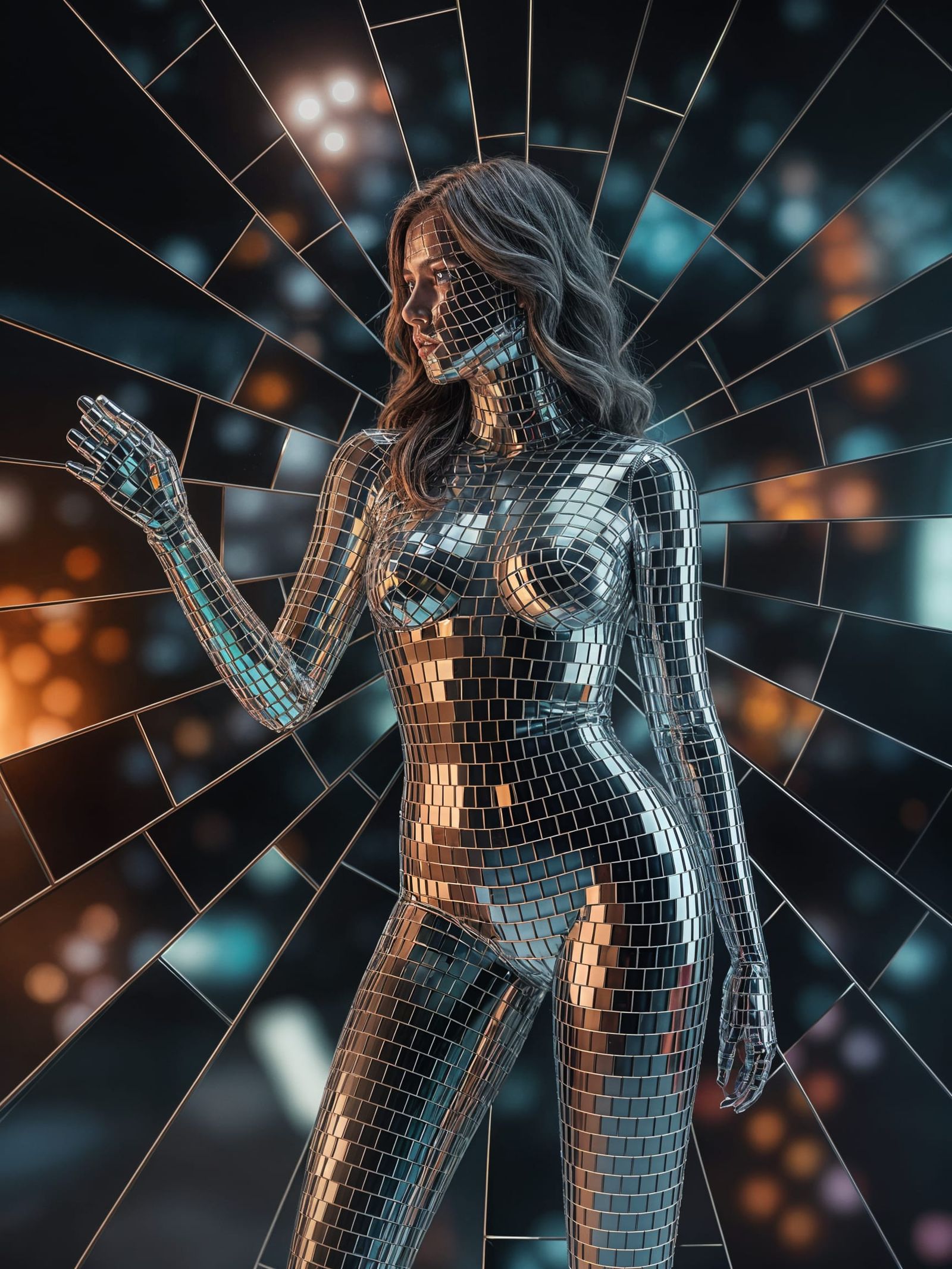 Cracked Mirror Woman Reflecting Lights in Hyperrealism