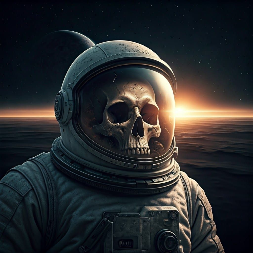 Abandoned Spacesuit with Skull in Desolate Space
