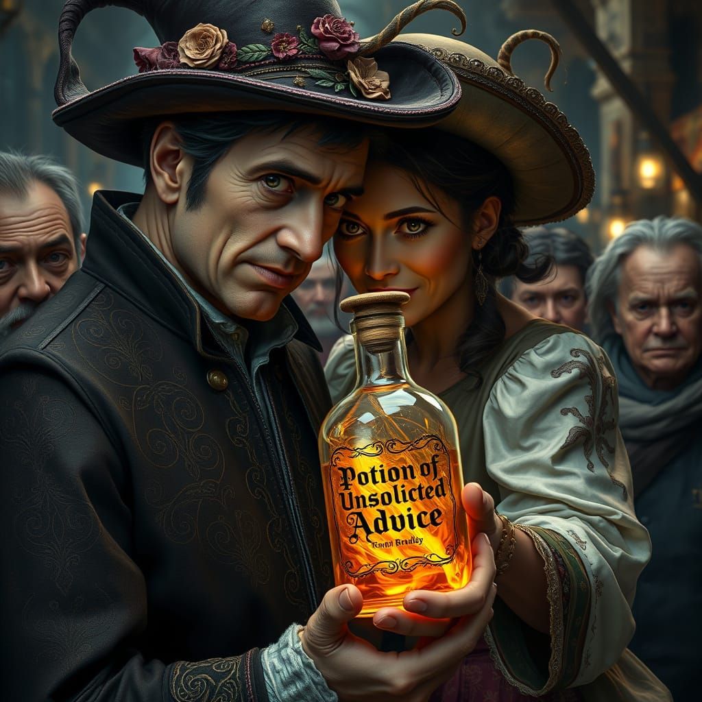 Enthusiastic Woman Offers Bizarre Potion to Skeptical Man in...