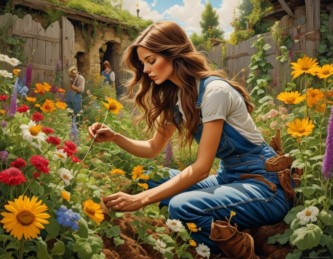 Woman Gardener in Fantasy Cartoon Style