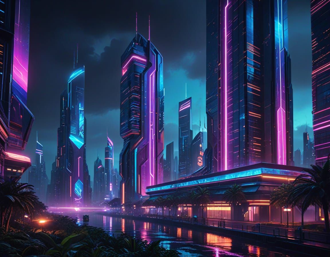 Cyberpunk Cityscape in Vibrant Neon Hues