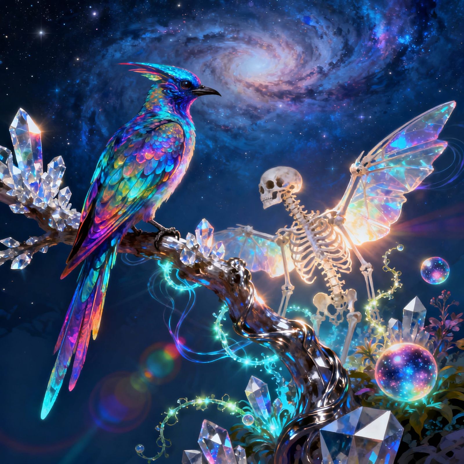 Ethereal Bioluminescent Alien Bird on Crystalline Branch