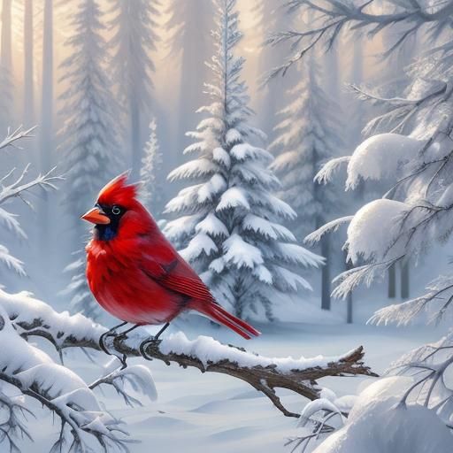 Winter Cardinal in Snowy Tree Landscape