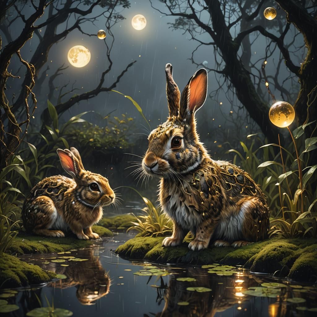 Magical Swamp: Speckled Rabbits in Moonlight