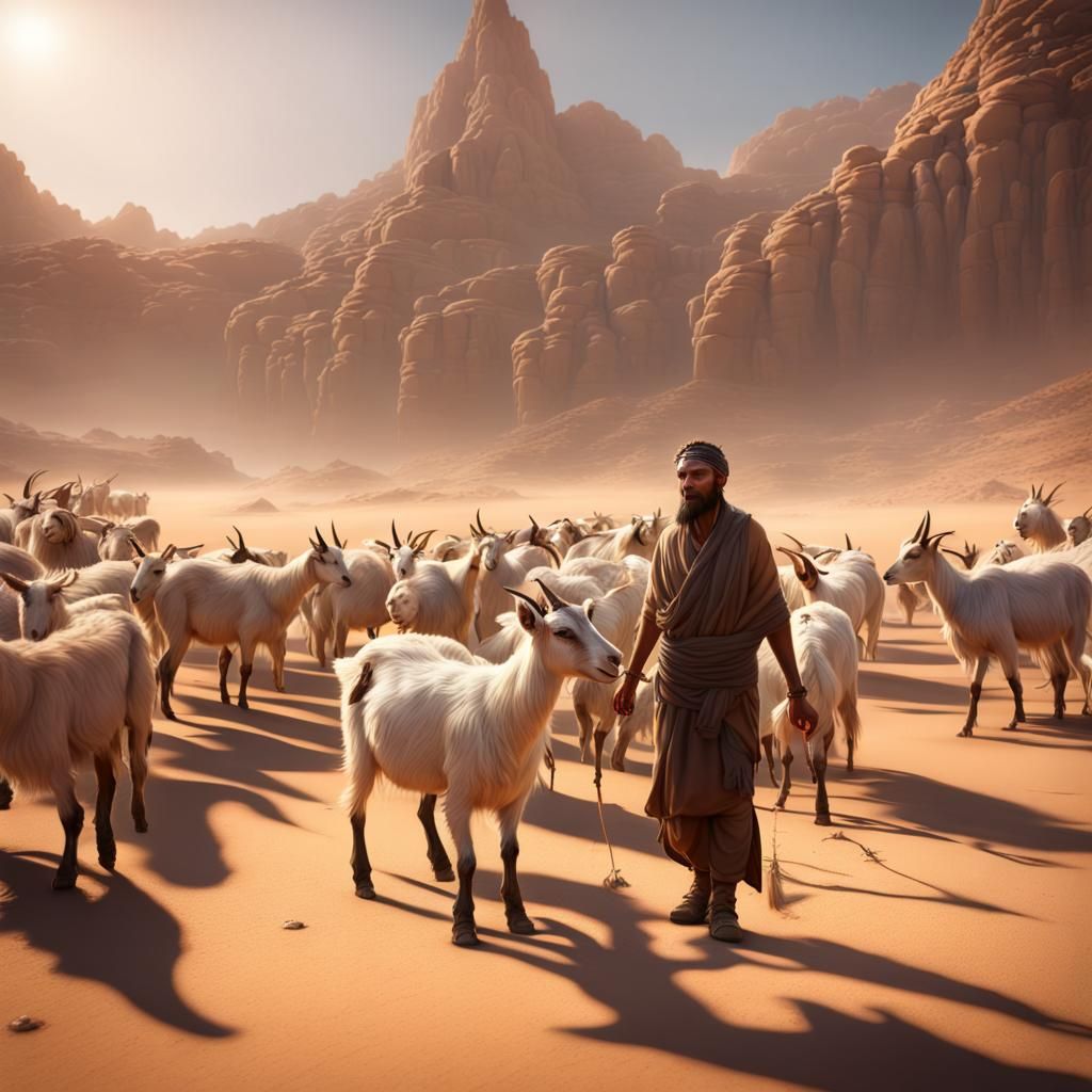 Desert Scene: A Poor Man Feeding Goats