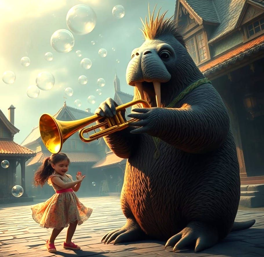Happy Walrus Trumpet Player in a Vibrant Village Square