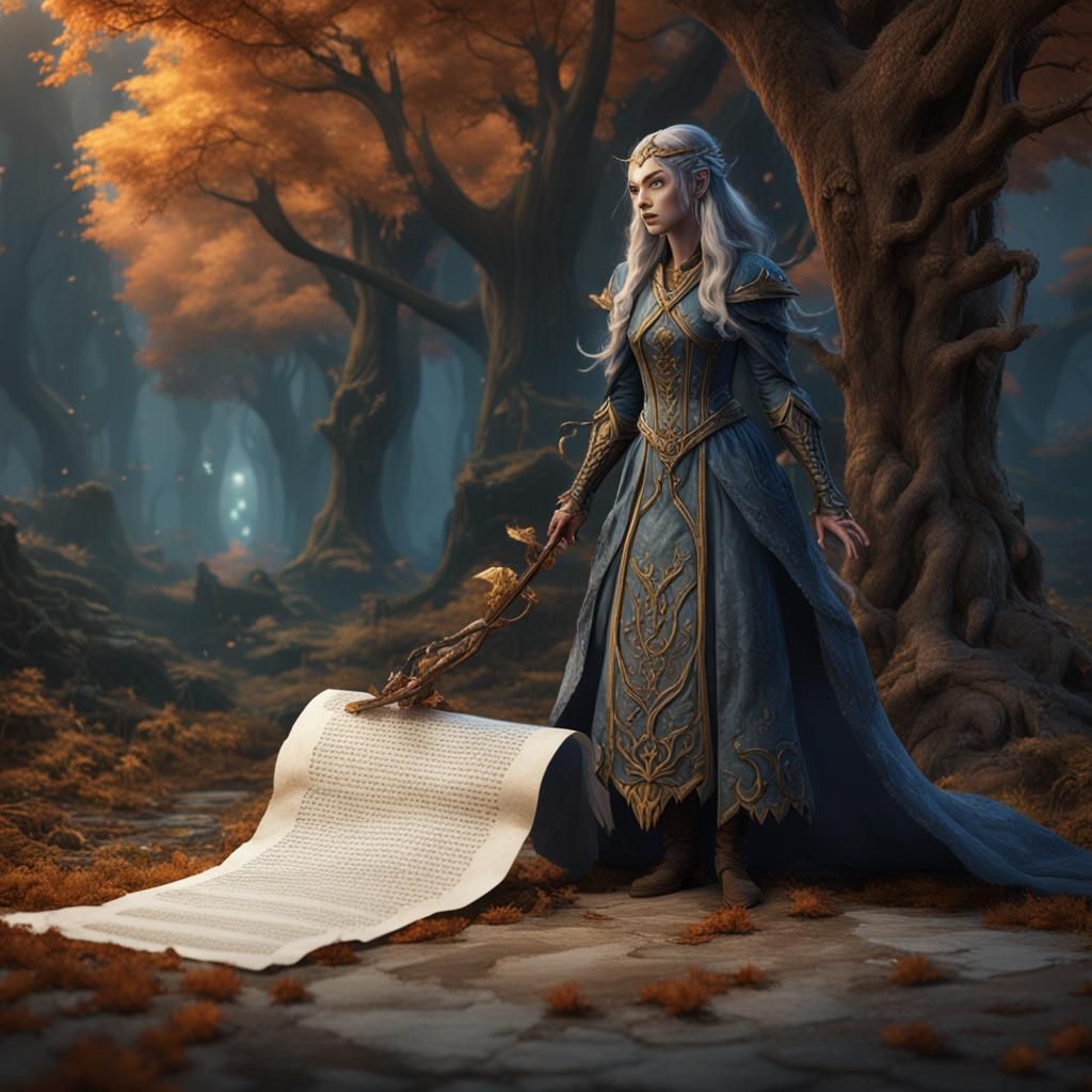 Elven Scroll Witch in Detailed Matte Painting