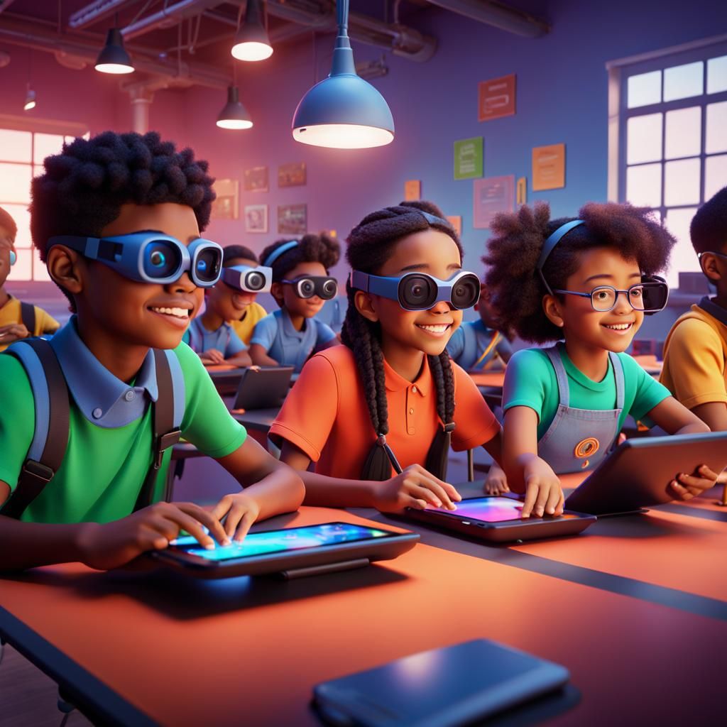 Diverse Students Explore VR in Bright 3D Classroom