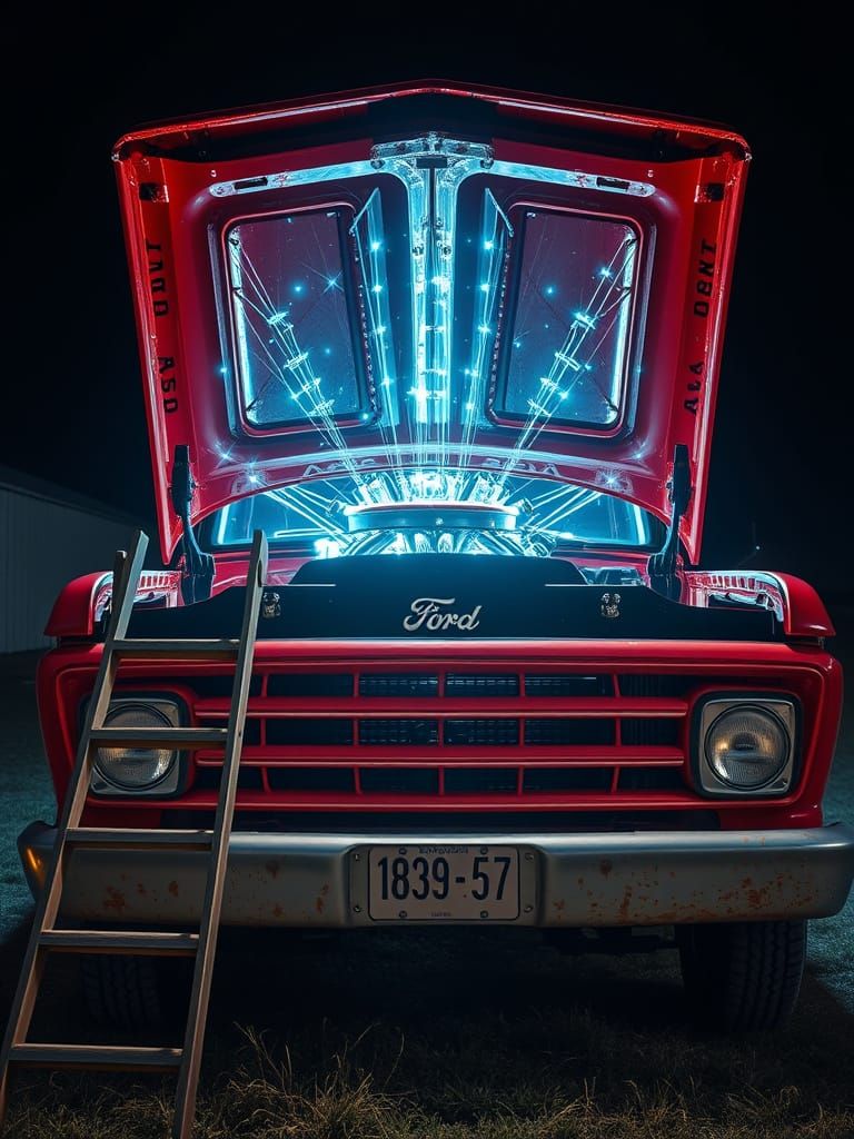 Futuristic Engine in Rusted Ford Pickup Truck