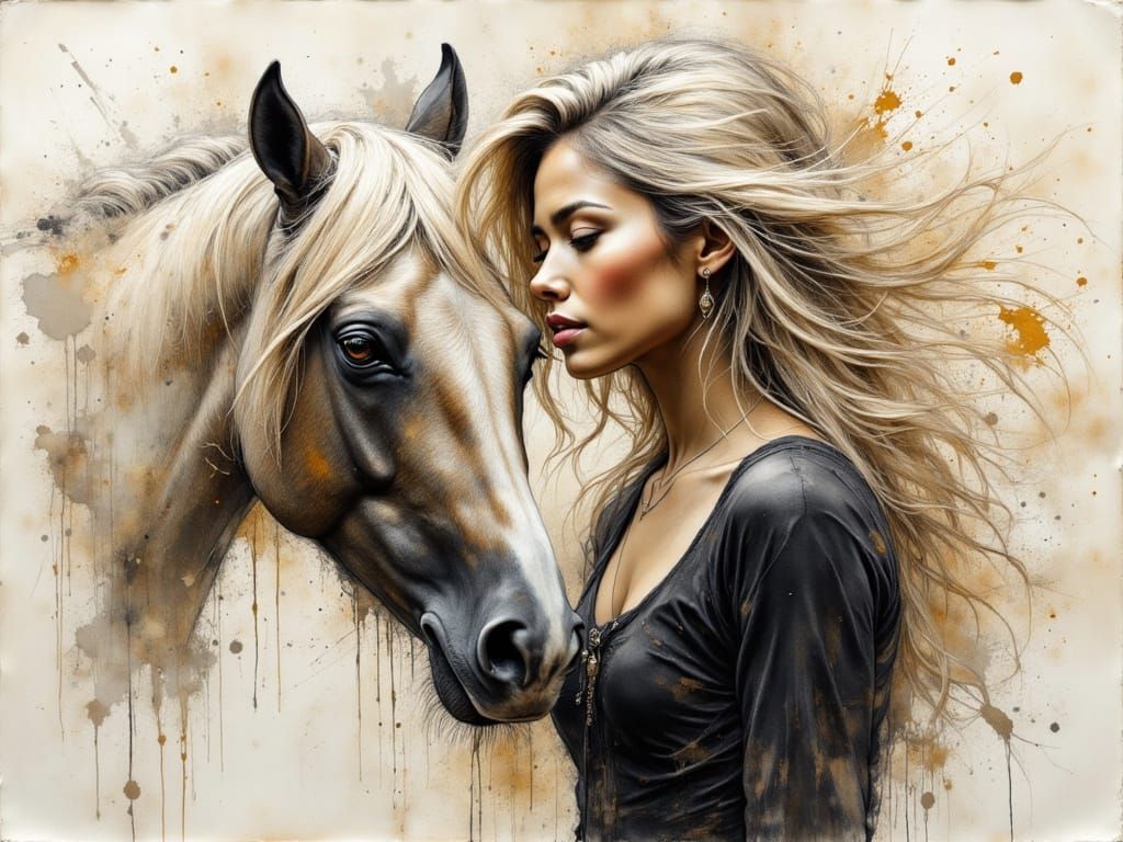 Platinum Blonde with Horse in Painterly Style
