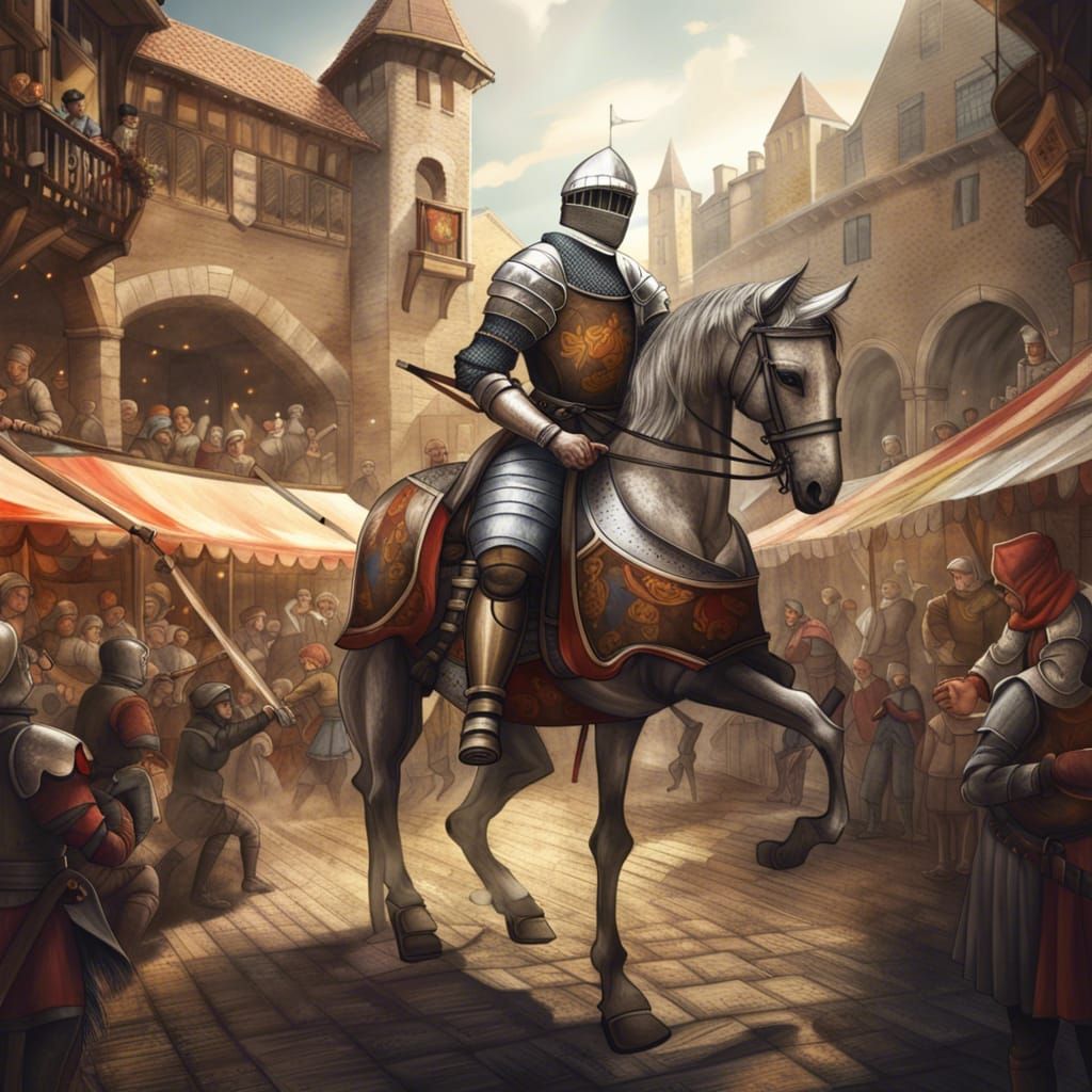 Medieval Knight Jousting at Market: Digital Masterpiece