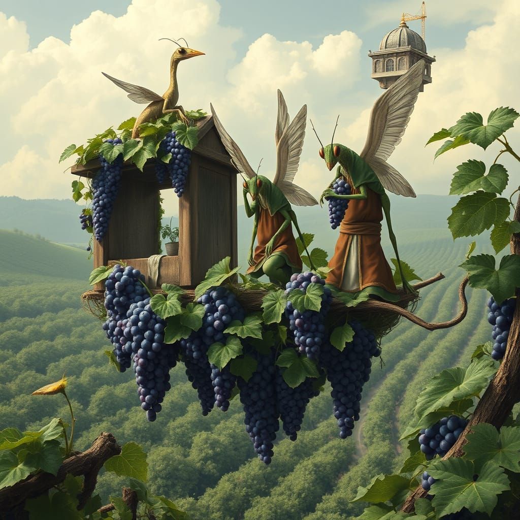 Surreal Vineyard Scene with Winged Insect Tenders