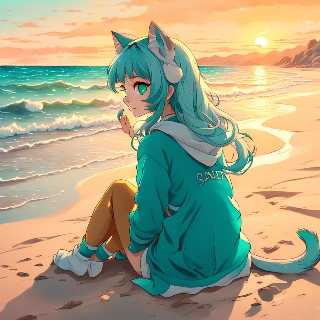 Anime Cat Girl on Beach at Sunset