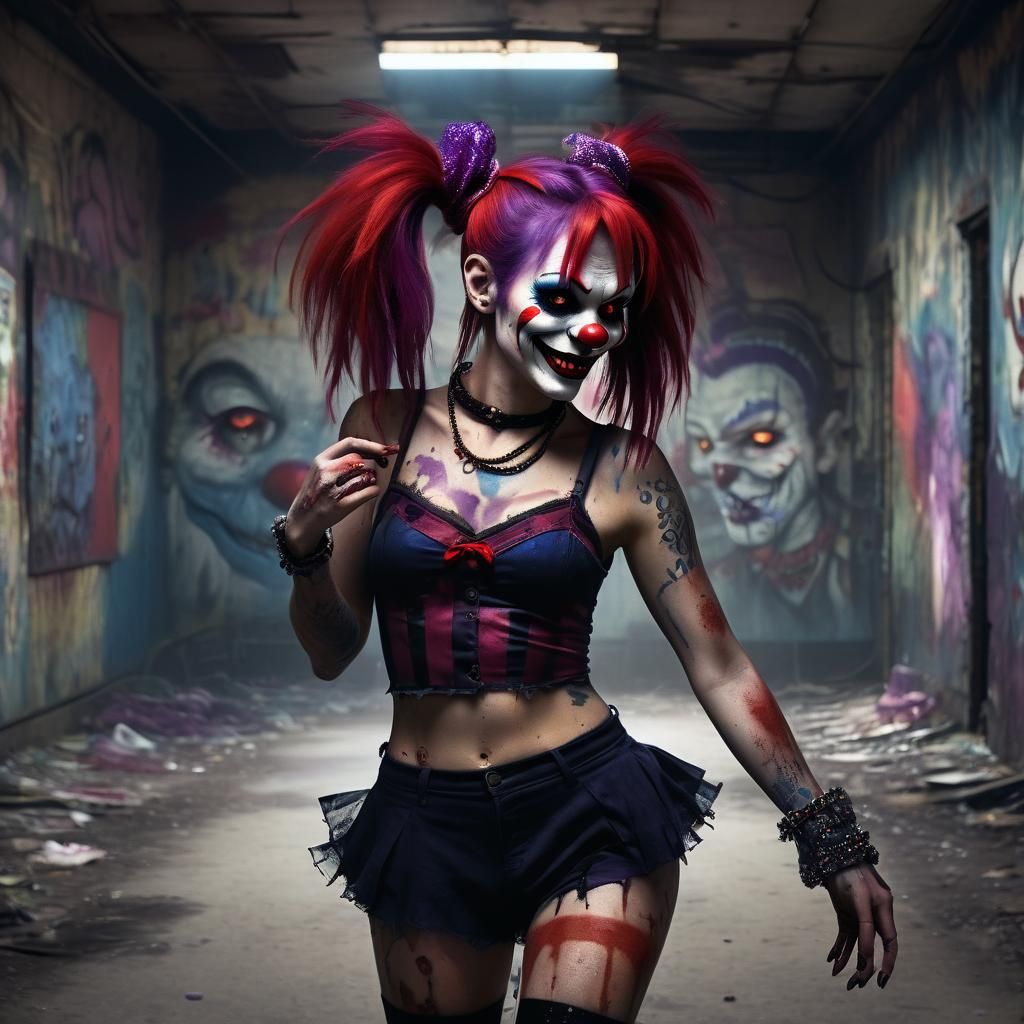 Zombie Monkey Clown Punk Girl in Abandoned Carnival