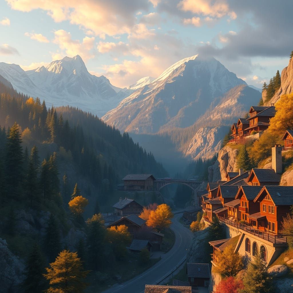 Mountain Town in Golden Evening Light