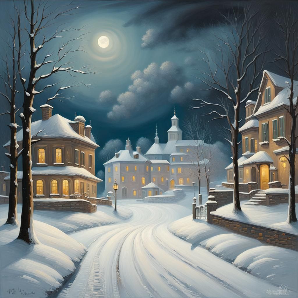 snowy town at night