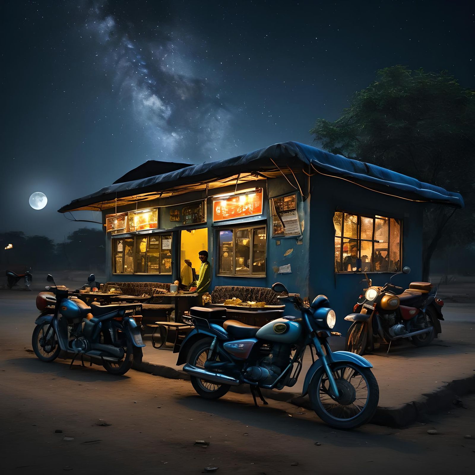 Vibrant Punjabi Dhaba on National Highway at Night