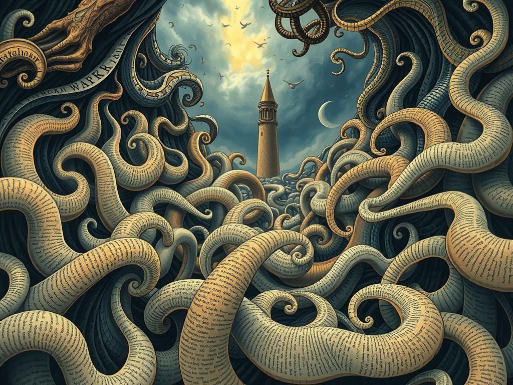 Dreamlike Landscape Woven with Cyrillic Script