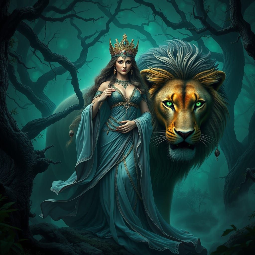 Regal Goddess Beside Twin-Headed Lion in Primeval Forest