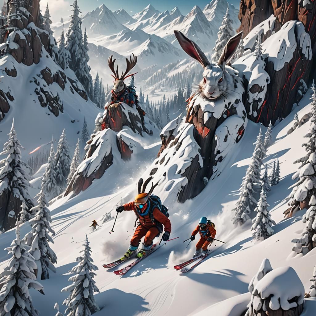 Giant Bloody Rabbits Skiing Downhill