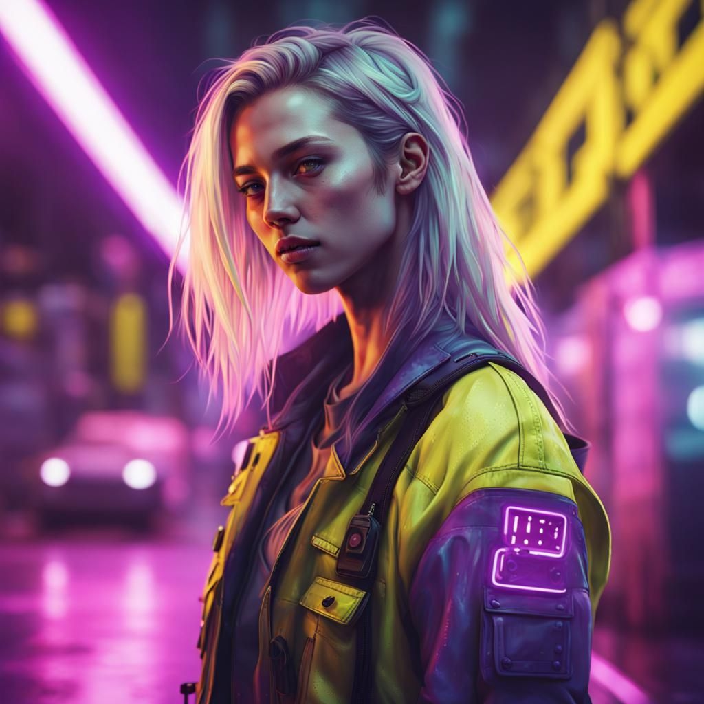 Cyberpunk Mechanic Portrait in Neon Cityscape