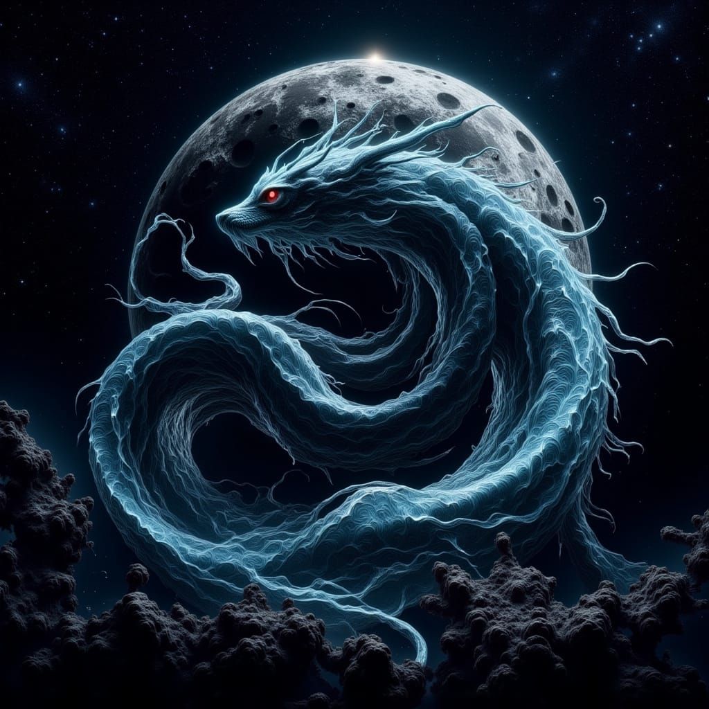 Cosmic Sea Serpent Coils Shattered Moon in Deep Space