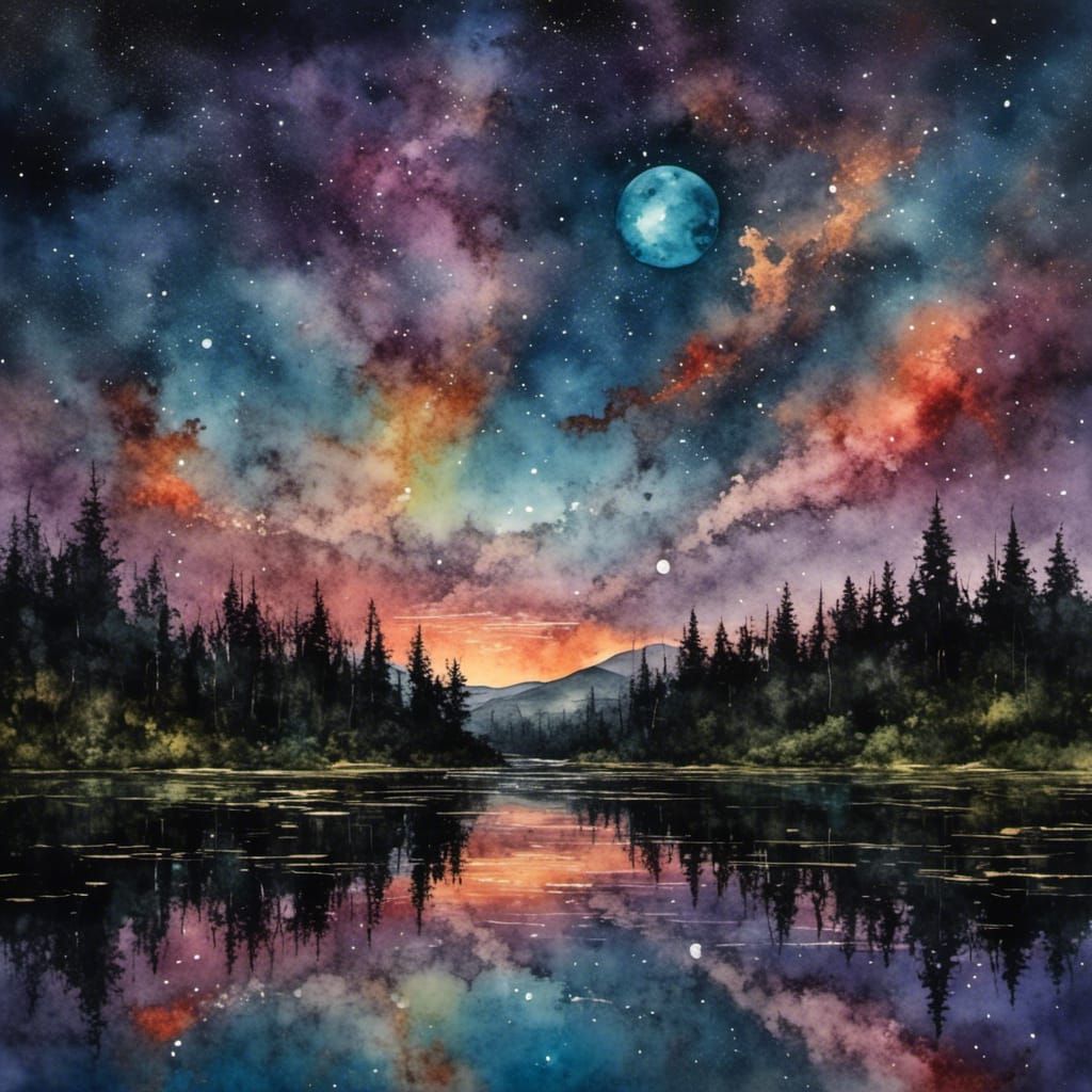 Cosmic Night Reflections on a Lake