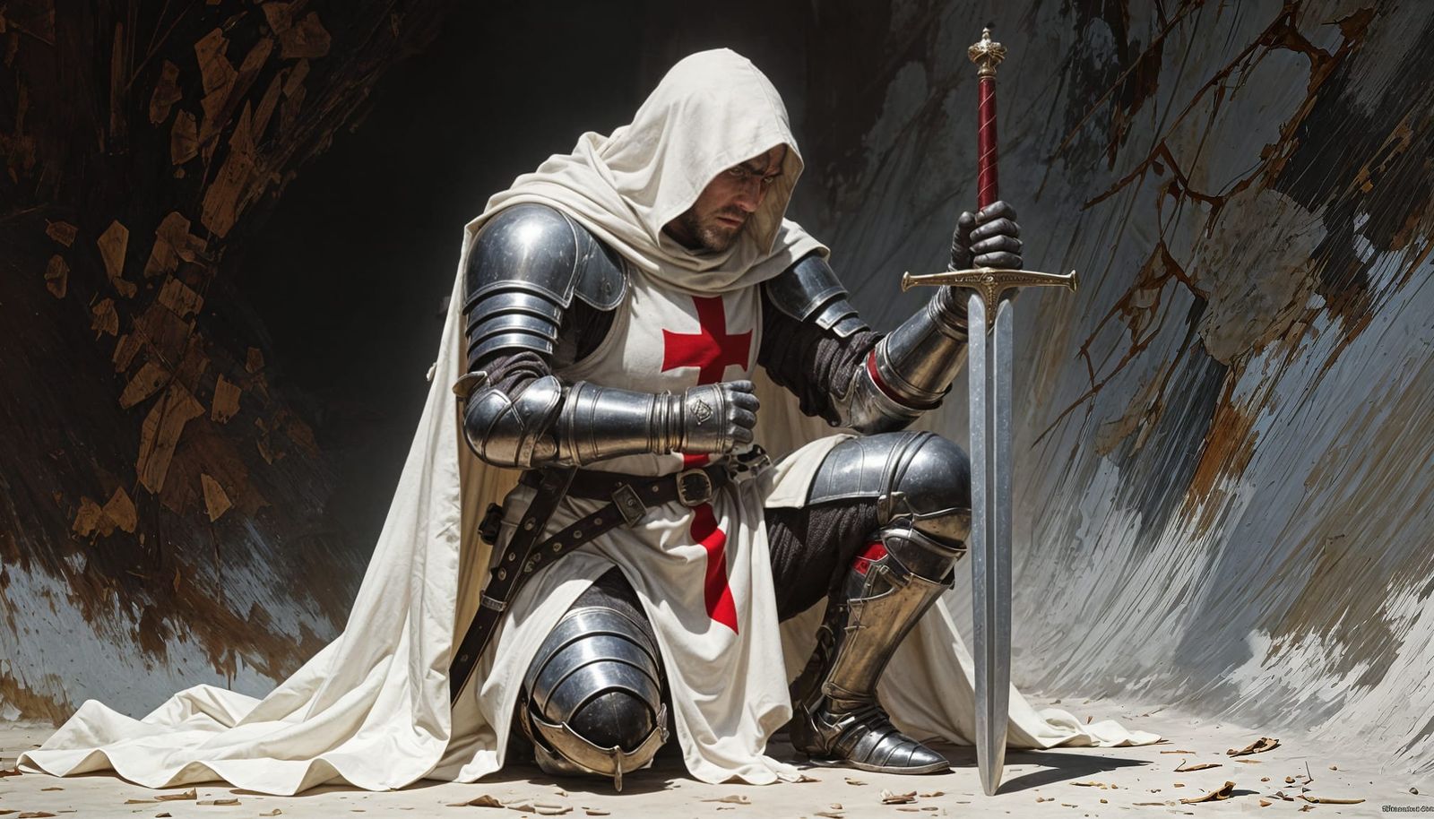 Armored Templar Knight Praying Before Battle