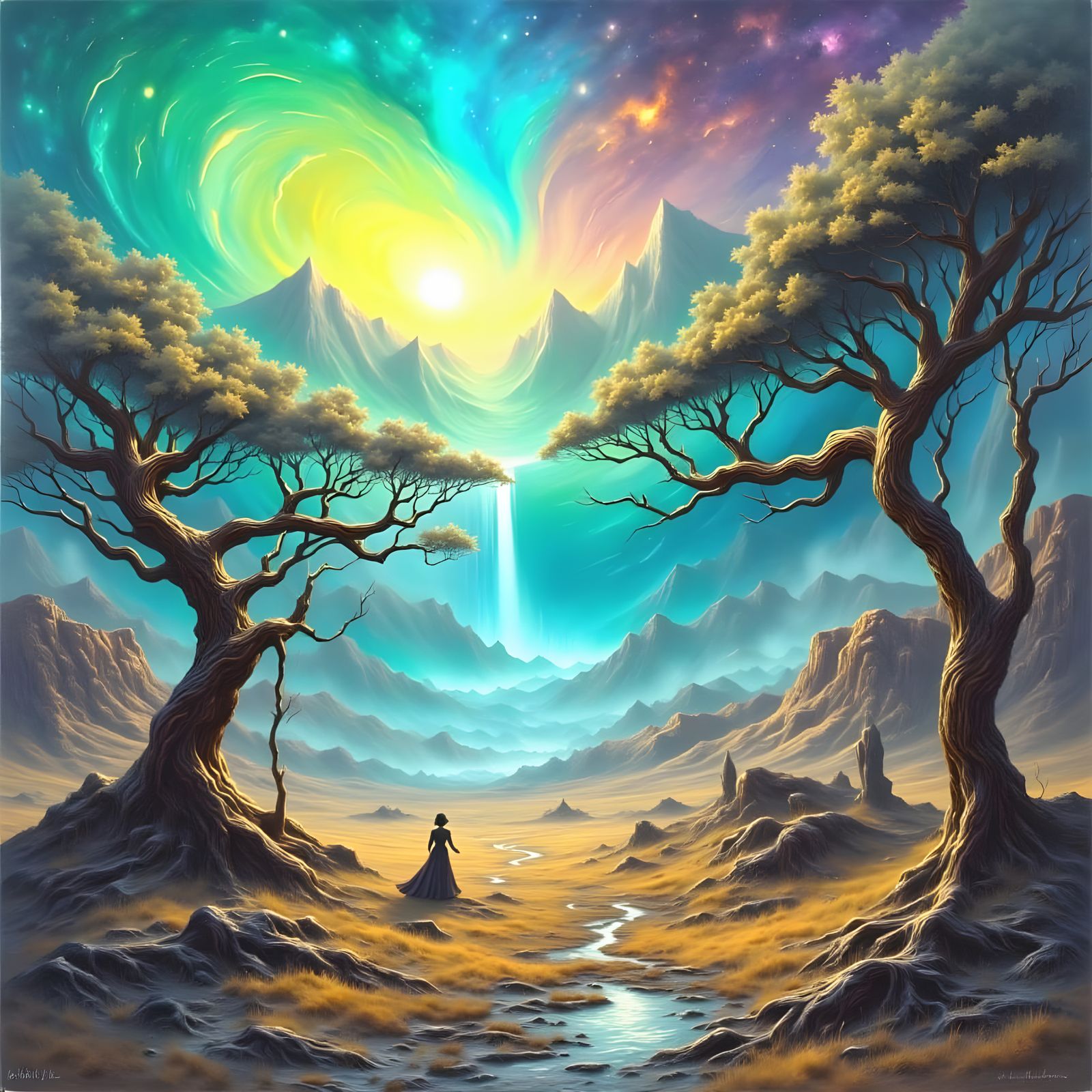 Vibrant Surreal Landscape Unfolds from Dark Void