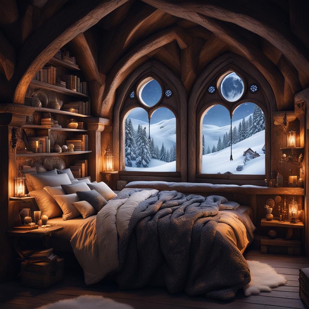 Medieval Fantasy Bedroom with Snowy Landscape View